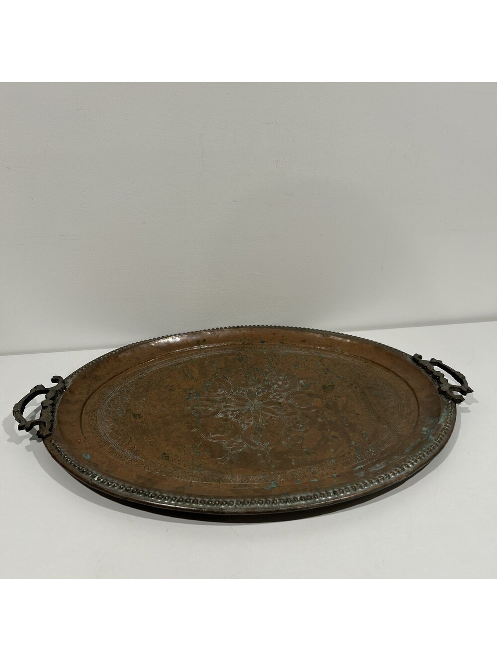 ANTIQUE Indo-Persian Engraved Copper Oval Platter Handles Heavy Patina Home Deco